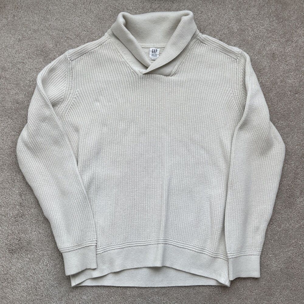 Gap Fisherman Sweater Mens Large Shawl Collar Chunky Knit Cream Wheat Preppy